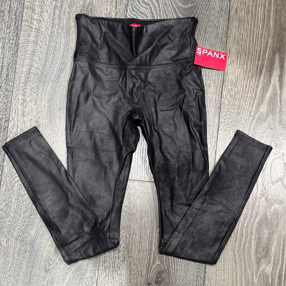 NWT SPANX Black Faux-Leather High-Waist Leggings fleece lined